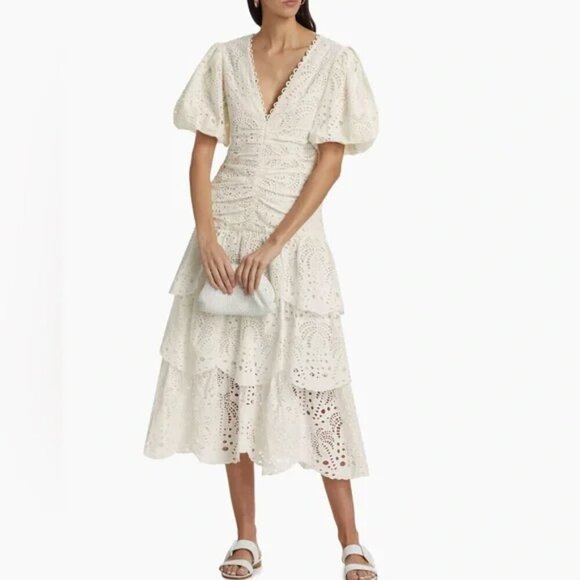 FARM Rio Dresses & Skirts - Farm Rio White Eyelet Puff Sleeve Midi Dress